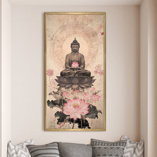 Tranquil Buddha with Pink Lotus Portrait Wall Art, HD Canvas Print, Golden Box Framed, Ready to Hang, (48 In x 24 In) (BUDDHA-WA-35)