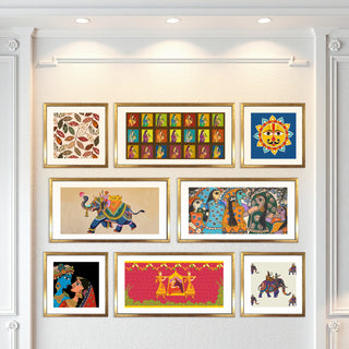 Indian Folk & Madhubani Art – Set of 8 Framed Acrylic Paintings in Golden Box Frames (INETHPA01)