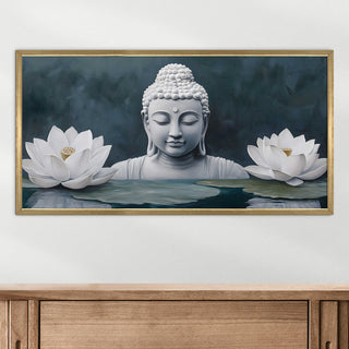 Buddha with White Lotus Wall Art, HD Canvas Print, Golden Box Framed, Ready to Hang, (24 In x 48 In) (BUDDHA-WA-02)