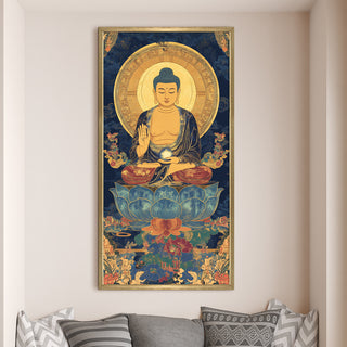Golden Buddha Portrait on Blue Lotus Wall Art, HD Canvas Print, Golden Box Framed, Ready to Hang, (48 In x 24 In) (BUDDHA-WA-44)