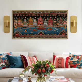Banaras Ghats Painting Wall Art – Varanasi Riverfront with Golden Floater Frame – HD Print Large Canvas, Ready to Hang, Size: 2X4FT, (BAWA46).