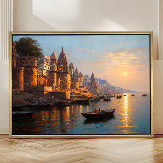 Banaras Ghats Painting Wall Art – Varanasi Riverfront with Golden Floater Frame – HD Print Large Canvas, Ready to Hang, Size: 3X4FT, (BAWA19).