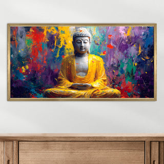 Abstract Buddha in Yellow Robe Wall Art, HD Canvas Print, Golden Box Framed, Ready to Hang, (24 In x 48 In) (BUDDHA-WA-13)