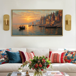 Banaras Ghats Painting Wall Art – Varanasi Riverfront with Golden Floater Frame – HD Print Large Canvas, Ready to Hang, Size: 2X4FT, (BAWA35).