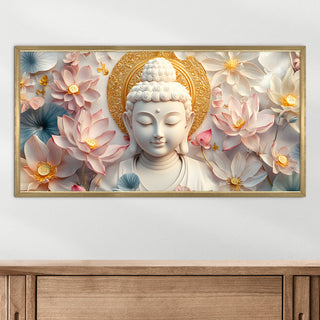 Divine Buddha with Lotus Wall Art, HD Canvas Print, Golden Box Framed, Ready to Hang, (24 In x 48 In) (BUDDHA-WA-18)