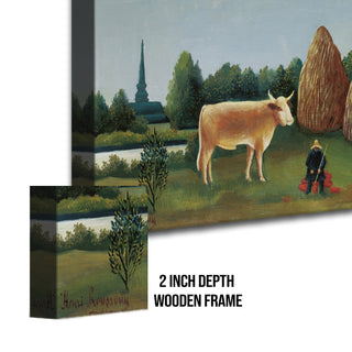 Landscape with Cow and Haystacks – Henri Rousseau Painting | HD Canvas Print | Ready to Hang | Wall Art for Bedroom, living room, Hallway (HRWA09)