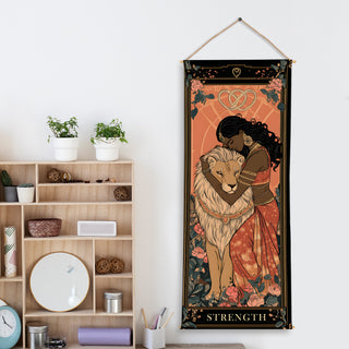 Strength Tarot Tapestry, Feminine Power & Lion Wall Hanging, Thick fabric, HD Print, Ready to Hang Wall Décor. Size 24 In x 60 In. (TAROTTPS08)