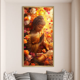 Golden Aura Buddha Portrait with Blossoms Wall Art, HD Canvas Print, Golden Box Framed, Ready to Hang, (48 In x 24 In) (BUDDHA-WA-39)