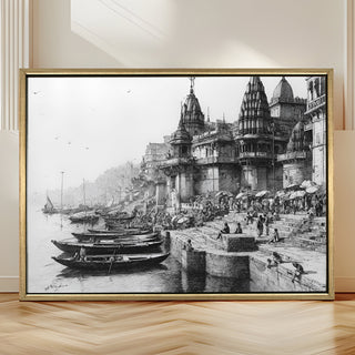 Banaras Ghats Painting Wall Art – Varanasi Riverfront with Golden Floater Frame – HD Print Large Canvas, Ready to Hang, Size: 3X4FT, (BAWA18).