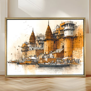 Banaras Ghats Painting Wall Art – Varanasi Riverfront with Golden Floater Frame – HD Print Large Canvas, Ready to Hang, Size: 3X4FT, (BAWA05).