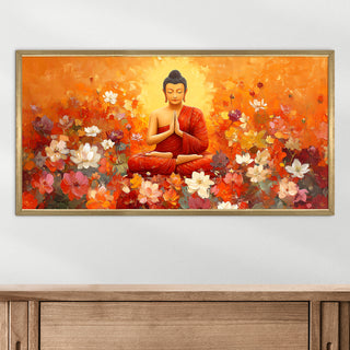 Meditating Buddha in Floral Bliss Wall Art, HD Canvas Print, Golden Box Framed, Ready to Hang, (24 In x 48 In) (BUDDHA-WA-11)