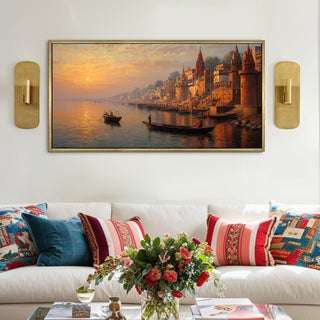 Banaras Ghats Painting Wall Art – Varanasi Riverfront with Golden Floater Frame – HD Print Large Canvas, Ready to Hang, Size: 2X4FT, (BAWA43).