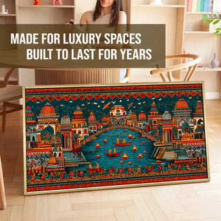 Banaras Ghats Painting Wall Art – Varanasi Riverfront with Golden Floater Frame – HD Print Large Canvas, Ready to Hang, Size: 2X4FT, (BAWA32).