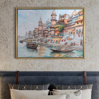 Banaras Ghats Painting Wall Art – Varanasi Riverfront with Golden Floater Frame – HD Print Large Canvas, Ready to Hang, Size: 3X4FT, (BAWA31).