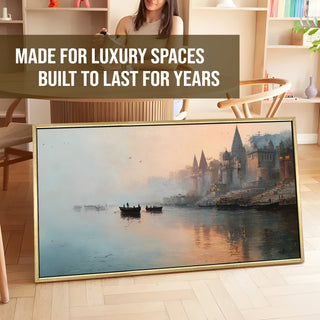 Banaras Ghats Painting Wall Art – Varanasi Riverfront with Golden Floater Frame – HD Print Large Canvas, Ready to Hang, Size: 2X4FT, (BAWA44).