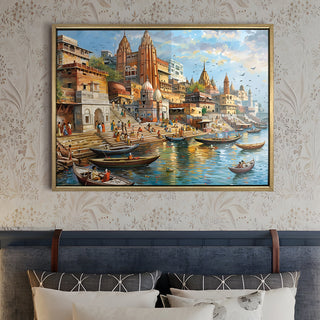 Banaras Ghats Painting Wall Art – Varanasi Riverfront with Golden Floater Frame – HD Print Large Canvas, Ready to Hang, Size: 3X4FT, (BAWA26).
