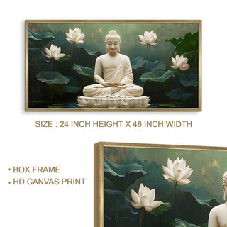 White Buddha with Lotus Pond Wall Art, HD Canvas Print, Golden Box Framed, Ready to Hang, (24 In x 48 In) (BUDDHA-WA-16)