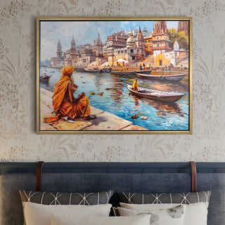 Banaras Ghats Painting Wall Art – Varanasi Riverfront with Golden Floater Frame – HD Print Large Canvas, Ready to Hang, Size: 3X4FT, (BAWA23).
