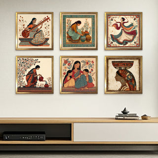 Ethnic Wall Art Set of 6 | HD Canvas Print | Ready to Hang | Golden Box Frame Panels for Home & Office Décor | Each Frame Size: 14X14 INCH (ETHF03)