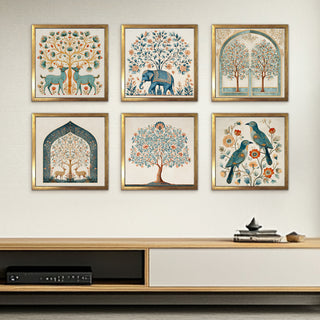 Ethnic Wall Art Set of 6 | HD Canvas Print | Ready to Hang | Golden Box Frame Panels for Home & Office Décor | Each Frame Size: 14X14 INCH (ETHF06)