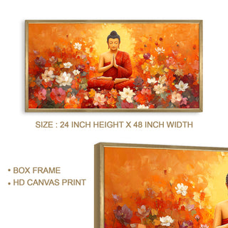 Meditating Buddha in Floral Bliss Wall Art, HD Canvas Print, Golden Box Framed, Ready to Hang, (24 In x 48 In) (BUDDHA-WA-11)