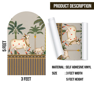 Pichwai Cow Temple Background Arch Wall Mural – Peel & Stick Cow Wallpaper – Waterproof Self Adhesive Vinyl Sticker for Living Room, Entryway – Size: 5ft x 3ft (PDAWALL09)