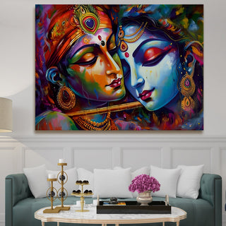 Lord Radha Krishna Divine Large Wall Art - Devotional Artwork Unique Religious Canvas Framed Paintings Modern Art For Living Room Bedroom Office Decor. (RKWA05)