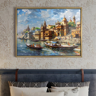 Banaras Ghats Painting Wall Art – Varanasi Riverfront with Golden Floater Frame – HD Print Large Canvas, Ready to Hang, Size: 3X4FT, (BAWA10).