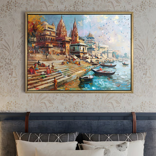 Banaras Ghats Painting Wall Art – Varanasi Riverfront with Golden Floater Frame – HD Print Large Canvas, Ready to Hang, Size: 3X4FT, (BAWA04).
