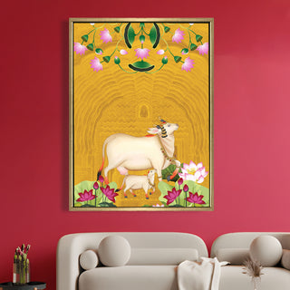 Sacred Cow Pichwai Art – Lotus Motif – Indian Heritage Wall Art HD Canvas Print for Home Decor, Ready to Hang (PWA20).
