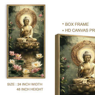 Golden Buddha Portrait with Lotus Pond Wall Art, HD Canvas Print, Golden Box Framed, Ready to Hang, (48 In x 24 In) (BUDDHA-WA-40)