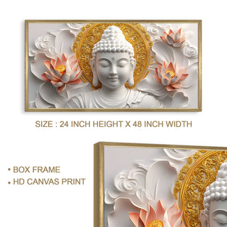 White Buddha with Floral Design Wall Art, HD Canvas Print, Golden Box Framed, Ready to Hang, (24 In x 48 In) (BUDDHA-WA-15)