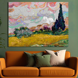 Pastel Wheat Field with Cypresses Canvas Print of Vincent Van Gogh Wall Art Paintings Reproduction Field Pictures Artwork for Home Decor (VAWA06).