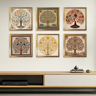 Ethnic Wall Art Set of 6 | HD Canvas Print | Ready to Hang | Golden Box Frame Panels for Home & Office Décor | Each Frame Size: 14X14 INCH (ETHF10)