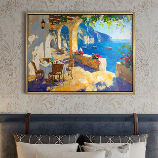Seaside café on the cliffs of Amalfi Coast Wall Art, HD Canvas Print, Golden Floater Framed, Ready to Hang, (36 In x 48 In) (CAFE-WA-14)