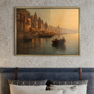 Banaras Ghats Painting Wall Art – Varanasi Riverfront with Golden Floater Frame – HD Print Large Canvas, Ready to Hang, Size: 3X4FT, (BAWA13).
