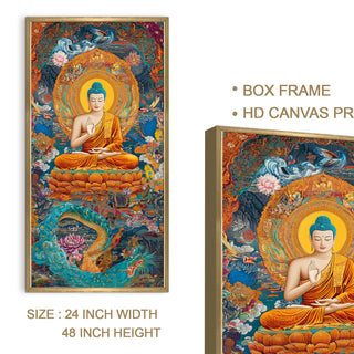 Colorful Spiritual Buddha Meditation Wall Art, HD Canvas Print, Golden Box Framed, Ready to Hang, (48 In x 24 In) (BUDDHA-WA-43)