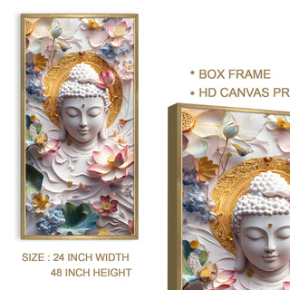 Serene White Buddha Portrait Wall Art, HD Canvas Print, Golden Box Framed, Ready to Hang, (48 In x 24 In) (BUDDHA-WA-31)
