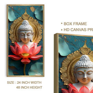 Buddha Portrait with Lotus Wall Art, HD Canvas Print, Golden Box Framed, Ready to Hang, (48 In x 24 In) (BUDDHA-WA-27)