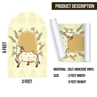 Pichwai Cow Temple Background Arch Wall Mural – Peel & Stick Cow Wallpaper – Waterproof Self Adhesive Vinyl Sticker for Living Room, Entryway – Size: 5ft x 3ft (PDAWALL07)