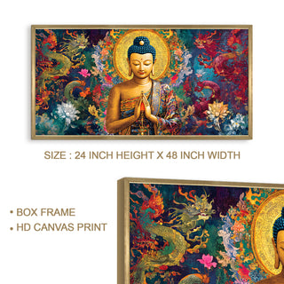 Divine Buddha with Prayer Pose Wall Art, HD Canvas Print, Golden Box Framed, Ready to Hang, (24 In x 48 In) (BUDDHA-WA-21)