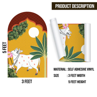 Pichwai Cow Temple Background Arch Wall Mural – Peel & Stick Cow Wallpaper – Waterproof Self Adhesive Vinyl Sticker for Living Room, Entryway – Size: 5ft x 3ft (PDAWALL03)
