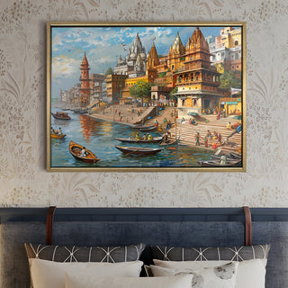 Banaras Ghats Painting Wall Art – Varanasi Riverfront with Golden Floater Frame – HD Print Large Canvas, Ready to Hang, Size: 3X4FT, (BAWA24).