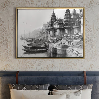 Banaras Ghats Painting Wall Art – Varanasi Riverfront with Golden Floater Frame – HD Print Large Canvas, Ready to Hang, Size: 3X4FT, (BAWA18).