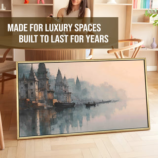 Banaras Ghats Painting Wall Art – Varanasi Riverfront with Golden Floater Frame – HD Print Large Canvas, Ready to Hang, Size: 2X4FT, (BAWA38).
