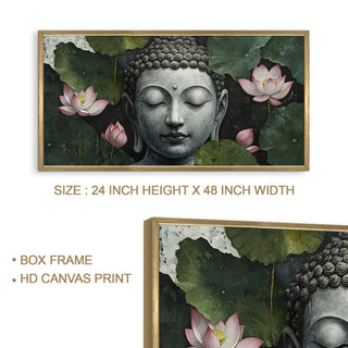 Buddha with Lotus Leaves Wall Art, HD Canvas Print, Golden Box Framed, Ready to Hang, (24 In x 48 In) (BUDDHA-WA-12)