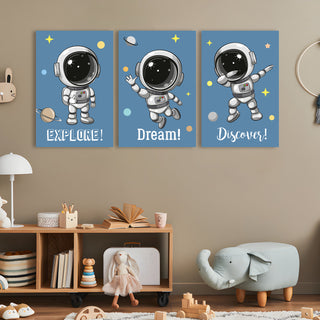 Astronaut Nursery Wall Décor Kids Room Canvas Wall Art 3 Panel Large Art Pieces (KDSWA03).