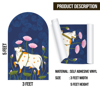 Pichwai Cow Temple Background Arch Wall Mural – Peel & Stick Cow Wallpaper – Waterproof Self Adhesive Vinyl Sticker for Living Room, Entryway – Size: 5ft x 3ft (PDAWALL10)
