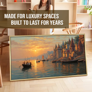 Banaras Ghats Painting Wall Art – Varanasi Riverfront with Golden Floater Frame – HD Print Large Canvas, Ready to Hang, Size: 2X4FT, (BAWA35).
