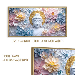 Buddha with Pastel Lotus Wall Art, HD Canvas Print, Golden Box Framed, Ready to Hang, (24 In x 48 In) (BUDDHA-WA-04)